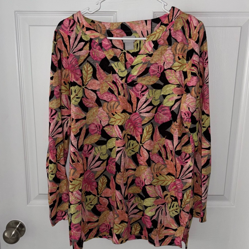 Chico’s 1 Floral V-Neck Linen Popover Top Women's M Spring Colorful